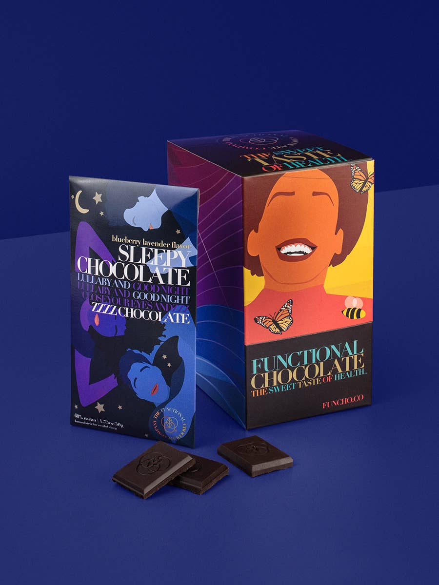 Fall asleep faster with this Sleepy Chocolate - Sleep Formula - Blueberry Lavender Chocolate. One bite and you'll be alright.